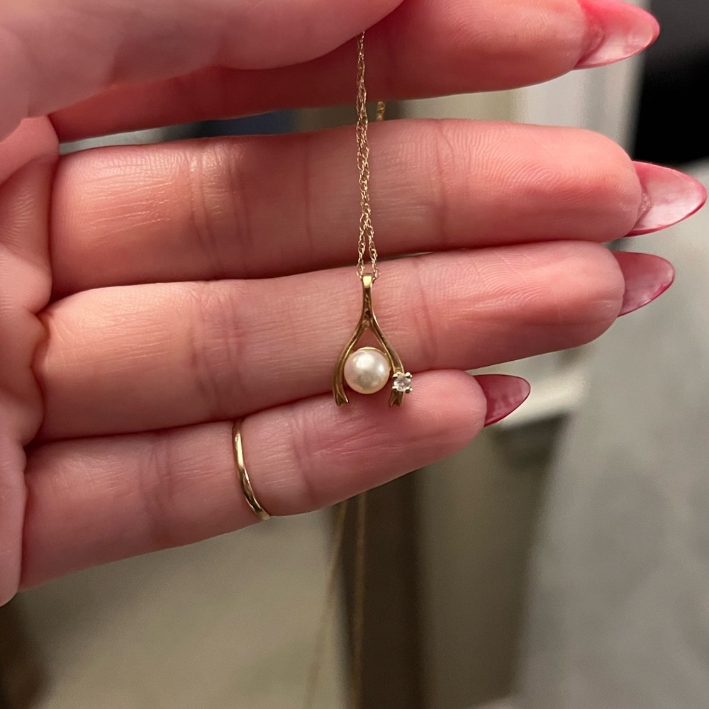 Pearl and diamond wishbone necklace 10k and 14k gold